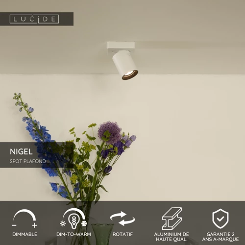 Lucide NIGEL - Spot plafond - LED Dim to warm - GU10 - 1x5W 2200K/3000K - Blanc - USP